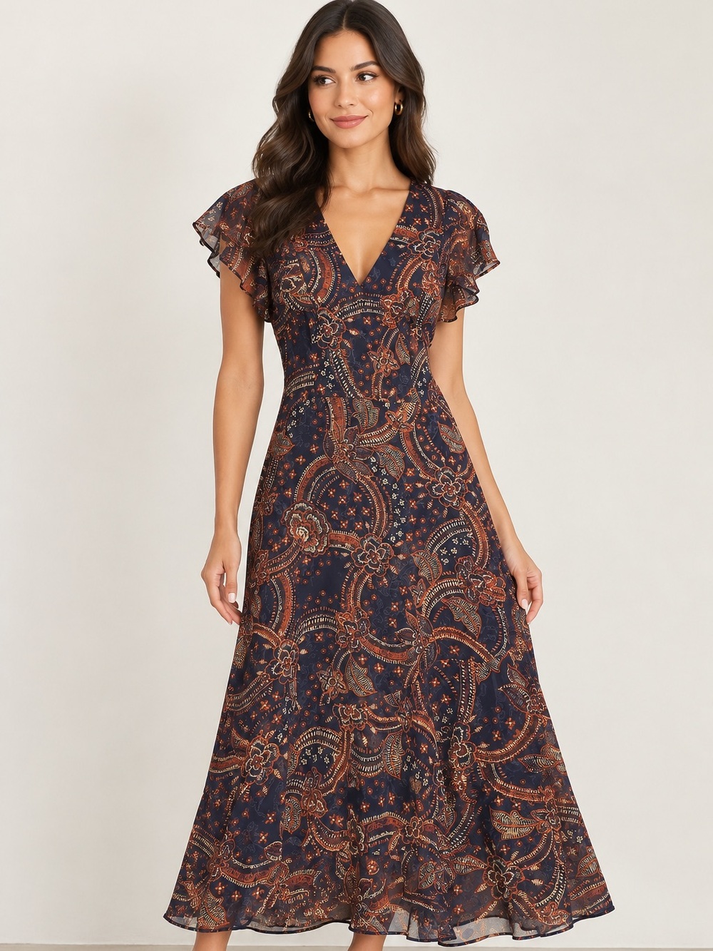 Kensie Navy and Rust Paisley V-Neck Flutter Sleeve Maxi Dress